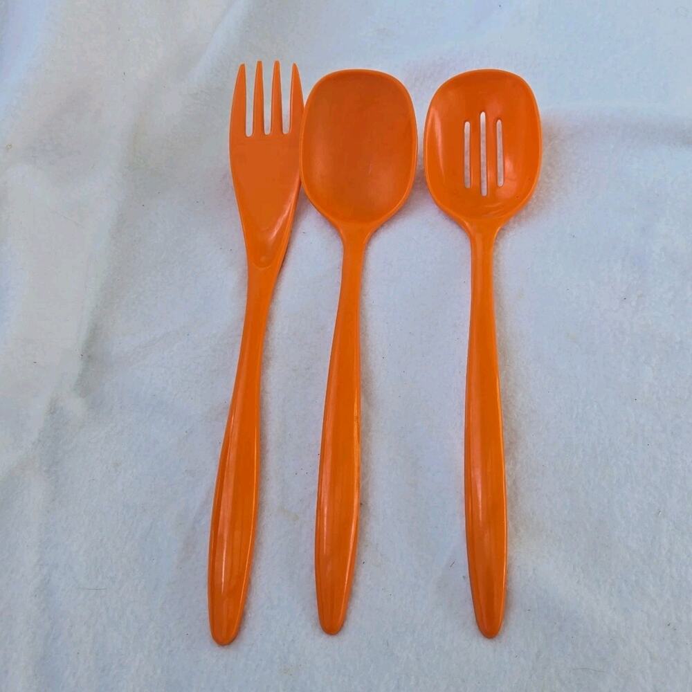 3 Vintage Melamine Orange Serving Kitchen Utensils Ladle, Slotted Spoon & Fork